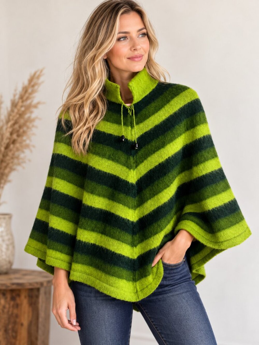 Vintage Wool Blend Soft Green Striped Short Poncho XS